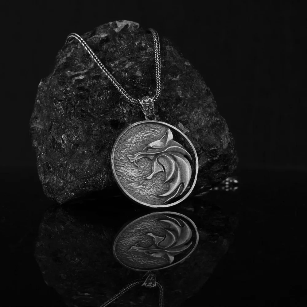 The Witcher Necklace, 925K Sterling Silver Pendant, Wolf Medallion & Chain, Exclusive Gift For Gamers Handmade Jewelry