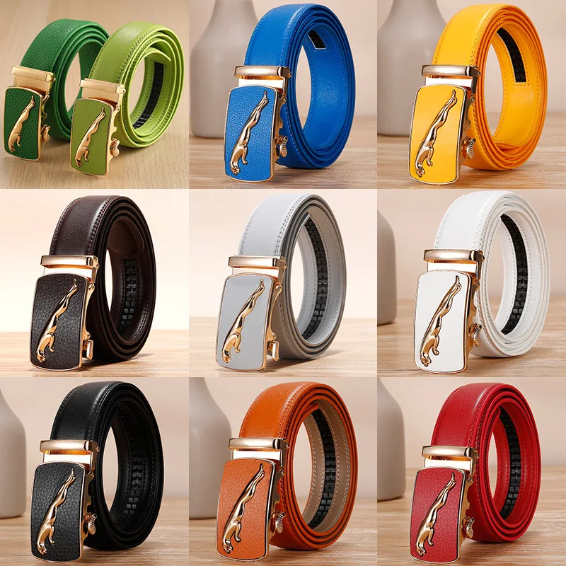 

Hot Selling Quality Unisex Candy Color Belt Alloy Automatic Buckle Two-layer Cowhide Leopard Print 3.5cm Wide Casual Jeans Belt