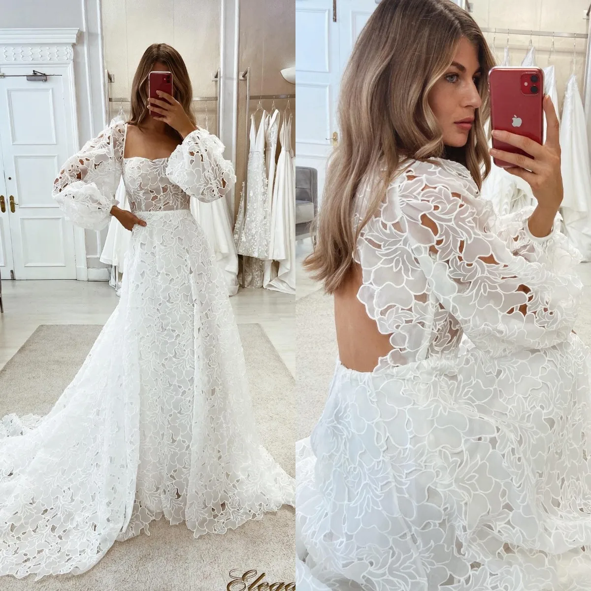 

Bohemian Full Lace Wedding Dress Scoop Neck Long Sleeve Appliqued Beach Boho Bridal Gowns Sweep Train vestido de novia