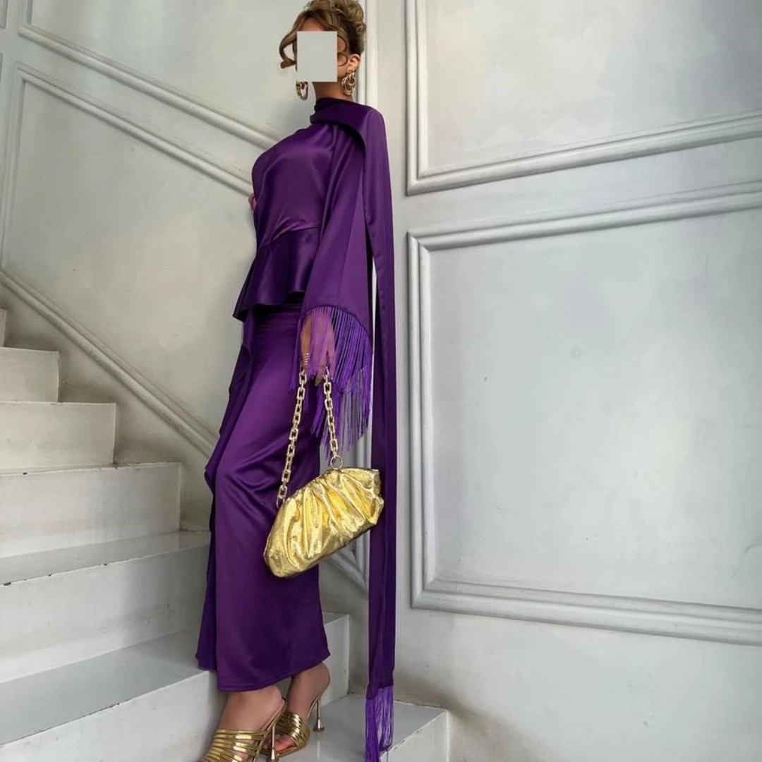 

Fairytale V-Neck Prom Dresses Long Sleeves Stain Tassel Grace Wedding Party Purple Ankle-Length Women Wrinkle 2023