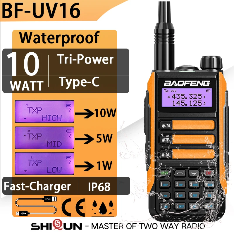 

Портативная рация Baofeng UV-16 pro10W UV-16 Plus IP68, водонепроницаемое Зарядное устройство USB Type-C, мощное Любительское двухстороннее радио UV-82 Plus