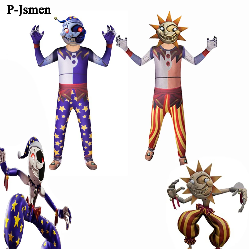 P-Jsmen Anime Sundrop FNAF Cosplay Costumes Sun Moon clown Freddie Kids Boys Girls Bodysuit mask Carnival Party Jumpsuit