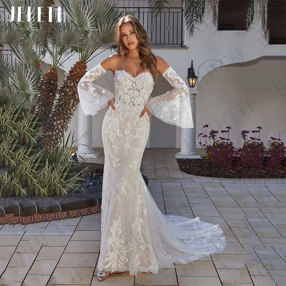 

Женское свадебное платье с юбкой-годе JEHETH, элегантное кружевное платье в стиле бохо со съемными рукавами-колокольчиками и открытой спиной Свадебные платья "русалка" в стиле бохо со съемными рукавами-колокольчиками