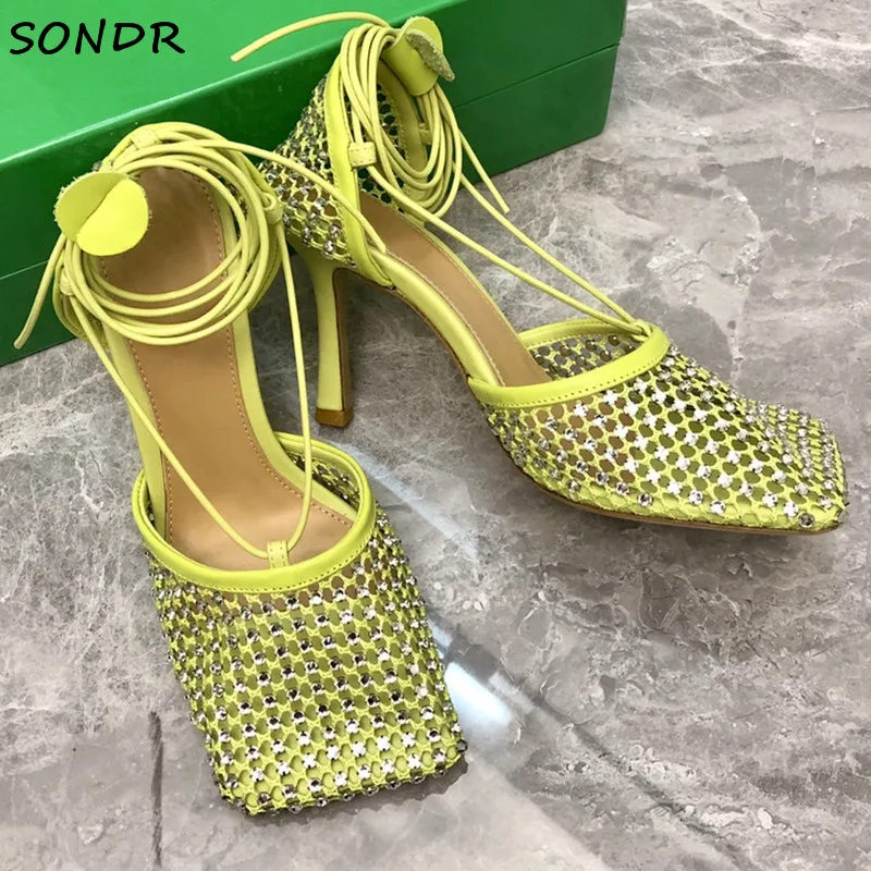 

Summer Mesh Crystal Ankle Strap Sandals Women Designer Square Toe High Heels Pumps Shoes Bling Strip Wedding Shoes Woman 2022