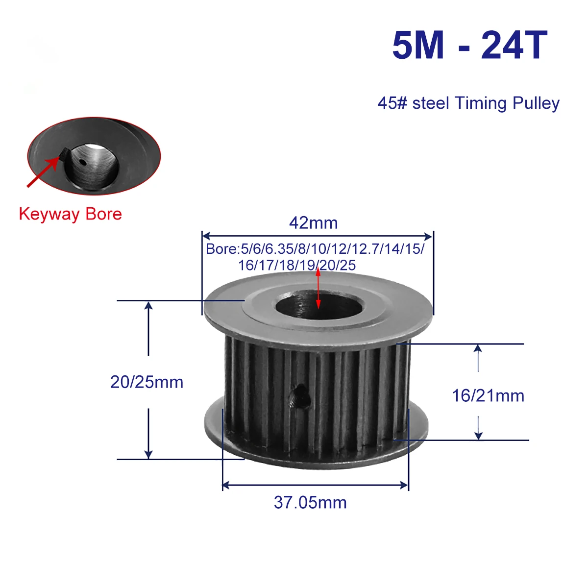 

HTD5M 24 Teeth Keyway Synchronous Pulley 45 Steel Slot Width 16/21mm Industrial Transmission Pulley AF 5M-24T Timing Belt Pulley