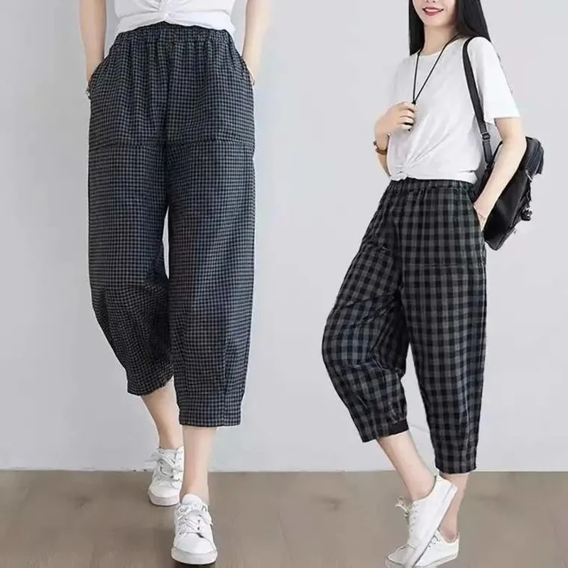 

2021 Spring Summer Plaid Pants Women's Harem Pants Capris Drawstring Waist Large Size Casual Loose Cotton Linen Trousers Wome