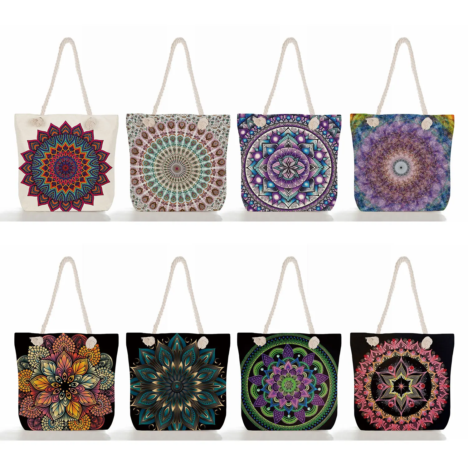 

Floral Print Handbags Women Eco Linen Thick Rope Reusable Shopping Bag Mandala Flower Tote Bags For Lady Traveling Beach Bags