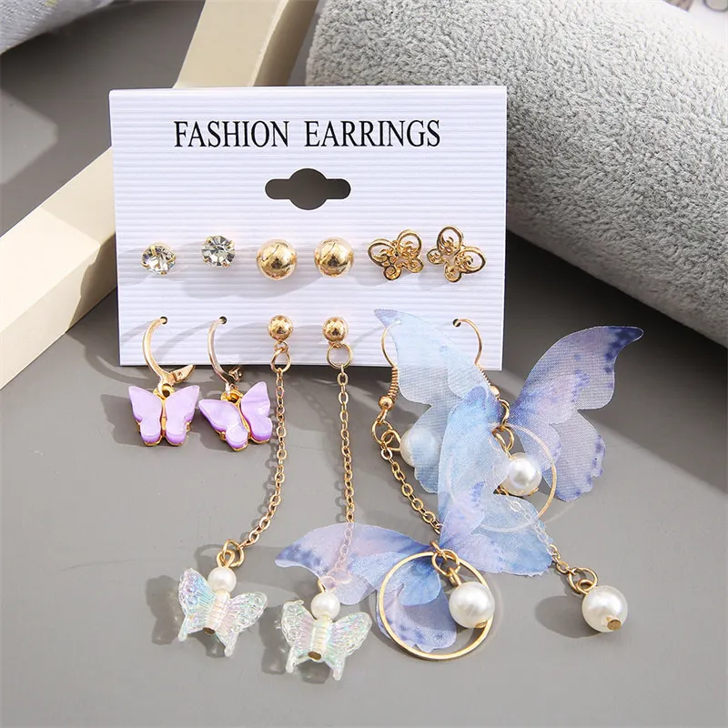 

2022 Creative Simple Temperament Women's 6 Pairs Earring Set Fashion Purple Satin Butterfly Tassel Pearls Earrings 55830