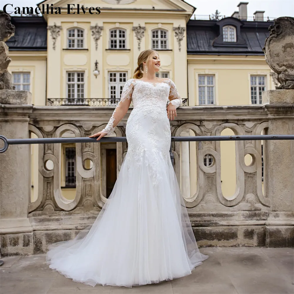 

Elegant Plus Size Wedding Dresses Mermaid Bridal Gown Long Sleeves Illusion Lace Applique Sweep Train Bride Robes Robe De Mariée