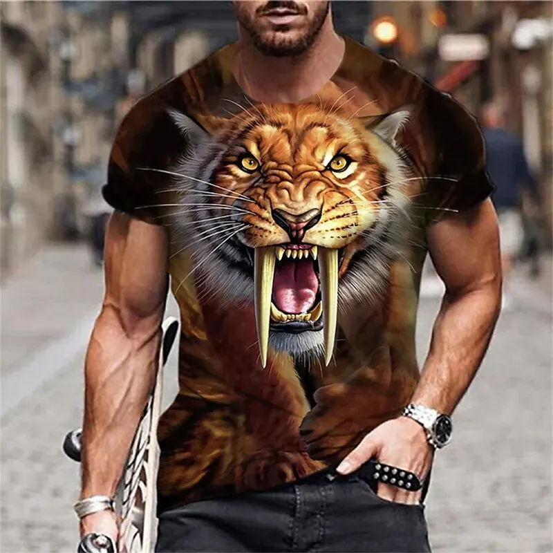 Men's new T-shirt spring and summer animal pattern T-shirt 2D printing tiger horse wild style round neck shirt oversized top