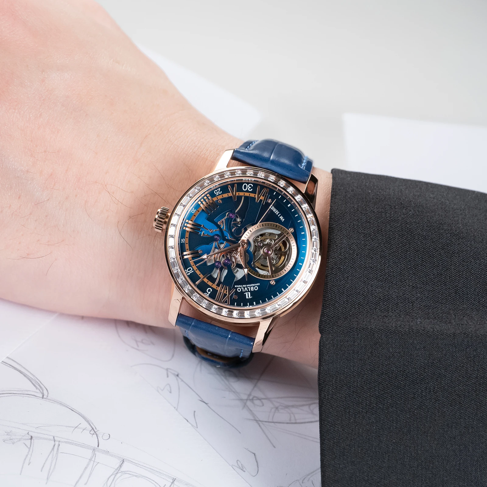 OBLVLO модные мужские полые автоматические часы механический корпус из розового золота с бриллиантами ремешок из телячьей кожи водонепроницаемые часы VMQ-ND (art.: 3920cbf228f37) - 3920cbf228f37