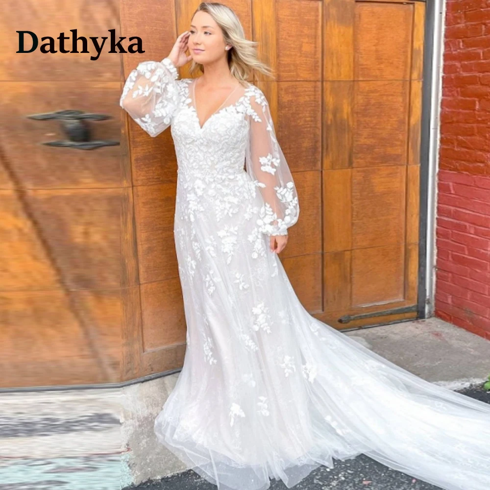 

Dathyka Delicate Illusion Sleeves Wedding Gown For Women V-neck Appliques A-LINE Wedding Dress Vestido De Casamento Customized