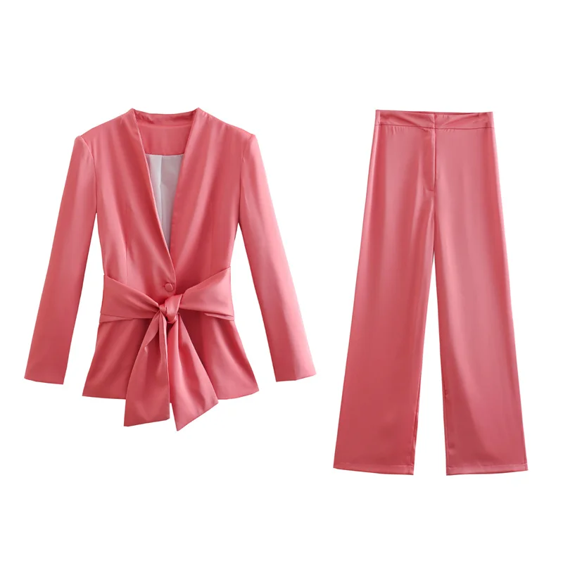 

PB&ZA 2022 Summer New Women's Pink Silk Satin Texture Drape Bow Tie Belt Waist Waist Suit Jacket Straight Trousers Suit
