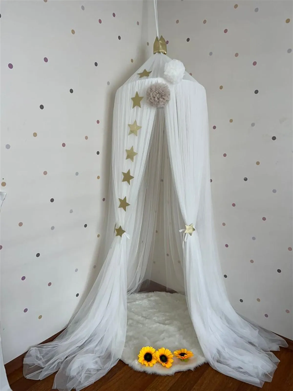 Jaju Baby Kids/Baby White Color Pompom and Star Tulle Mosquito Net