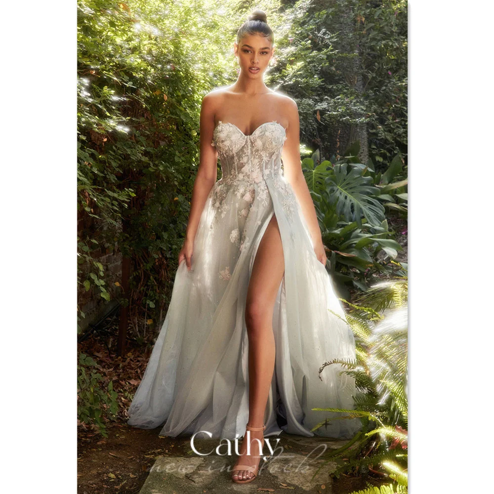 

Cathy Fairy Grey A-line Prom Dress Princess Sweetheat Evening Dress Sexy Side Split فستان سهرة Handmade 3D Flower Party Dress