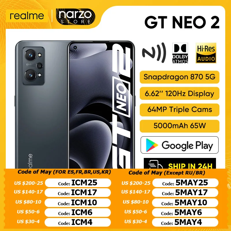 in stock ship in 24hrealme gt neo 2 5g 8gb 128gb snapdragon 870 6 62 120hz e4 amoled display 64mp ai triple camera 65w free global shipping