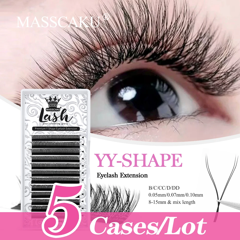 

5case/lot MASSCAKU 8-15mm All Size YY Style Lashes Makeup Beauty High Quality Long Lasting Y Shape Individual Eyelash Extension