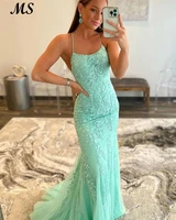 ms mint tulle evening dresses spaghetti strap lace appliques sleeveless elegant prom party gowns for women 2022 vestido de festa