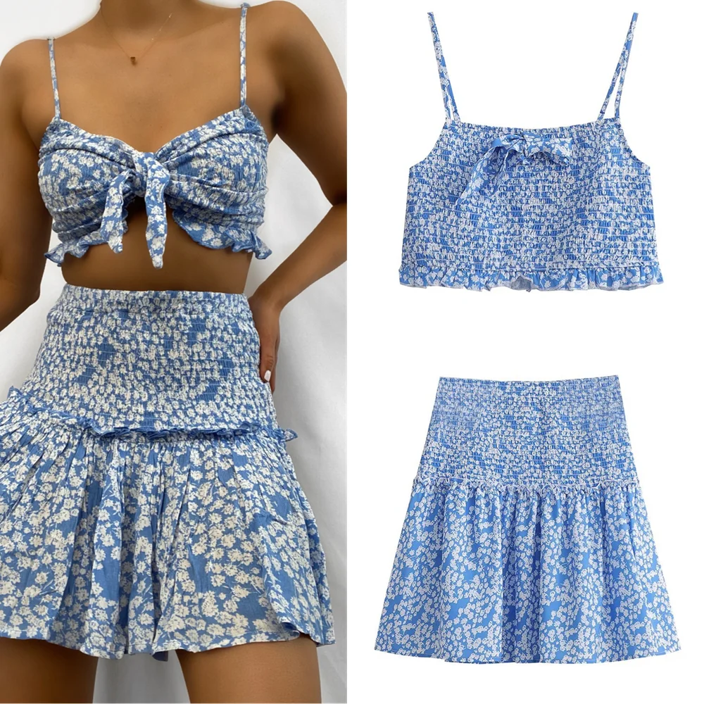 

Женский комплект из двух предметов с юбкой PB & ZA, элегантный корсет на бретелях с цветочным принтом и высокой талией, лето 2022