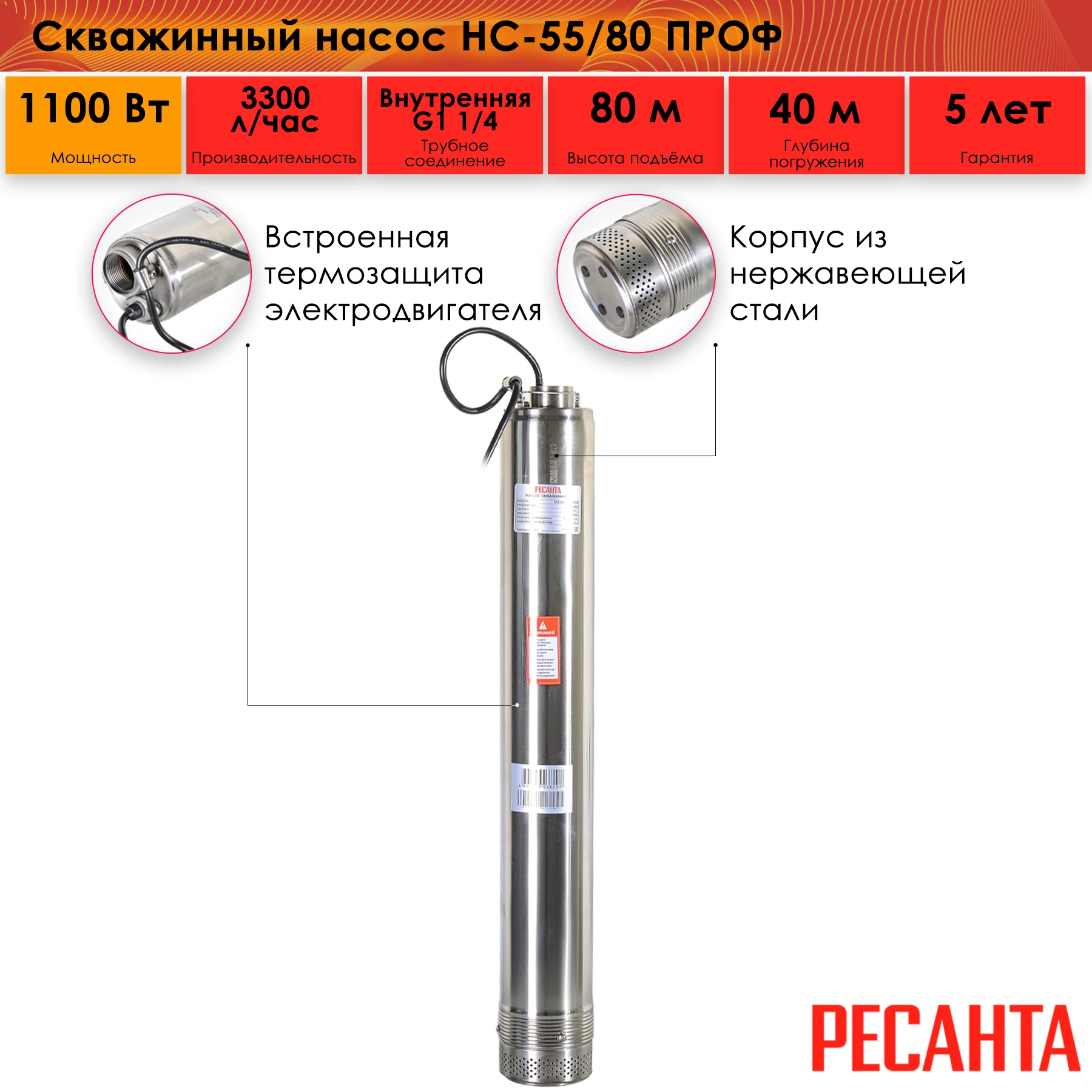 Скважинный насос Ресанта НС-55/80 ПРОФ 1100 Вт высота подъема 80 м 3300 л/час | Насосы
