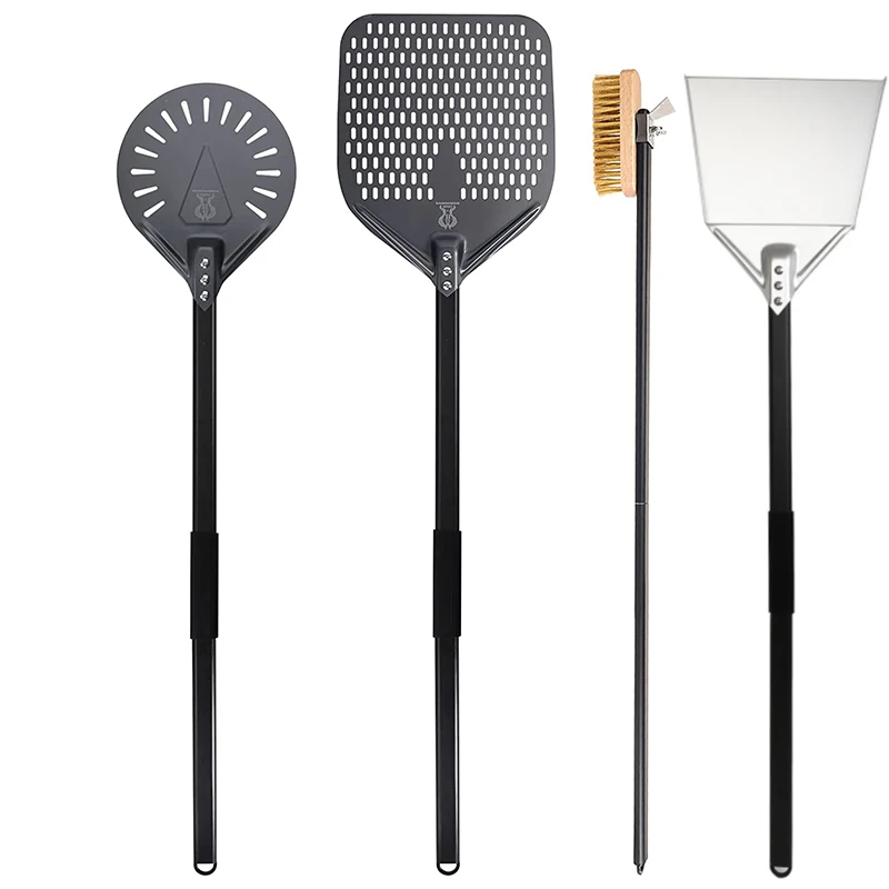 PizzAtHome 9 Inch and 12 inch Perforated Pizza Peel and Pizza Brush Ash Shovel Oven Brush 4 Piece Commercial Pizza Oven Set