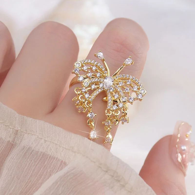 

Luxury 3D Butterfly Full Diamond Zircon Tassel Wings 14K Real Gold Plated Ring for Adjustable Fairy Charm Wedding Jewelry Gift