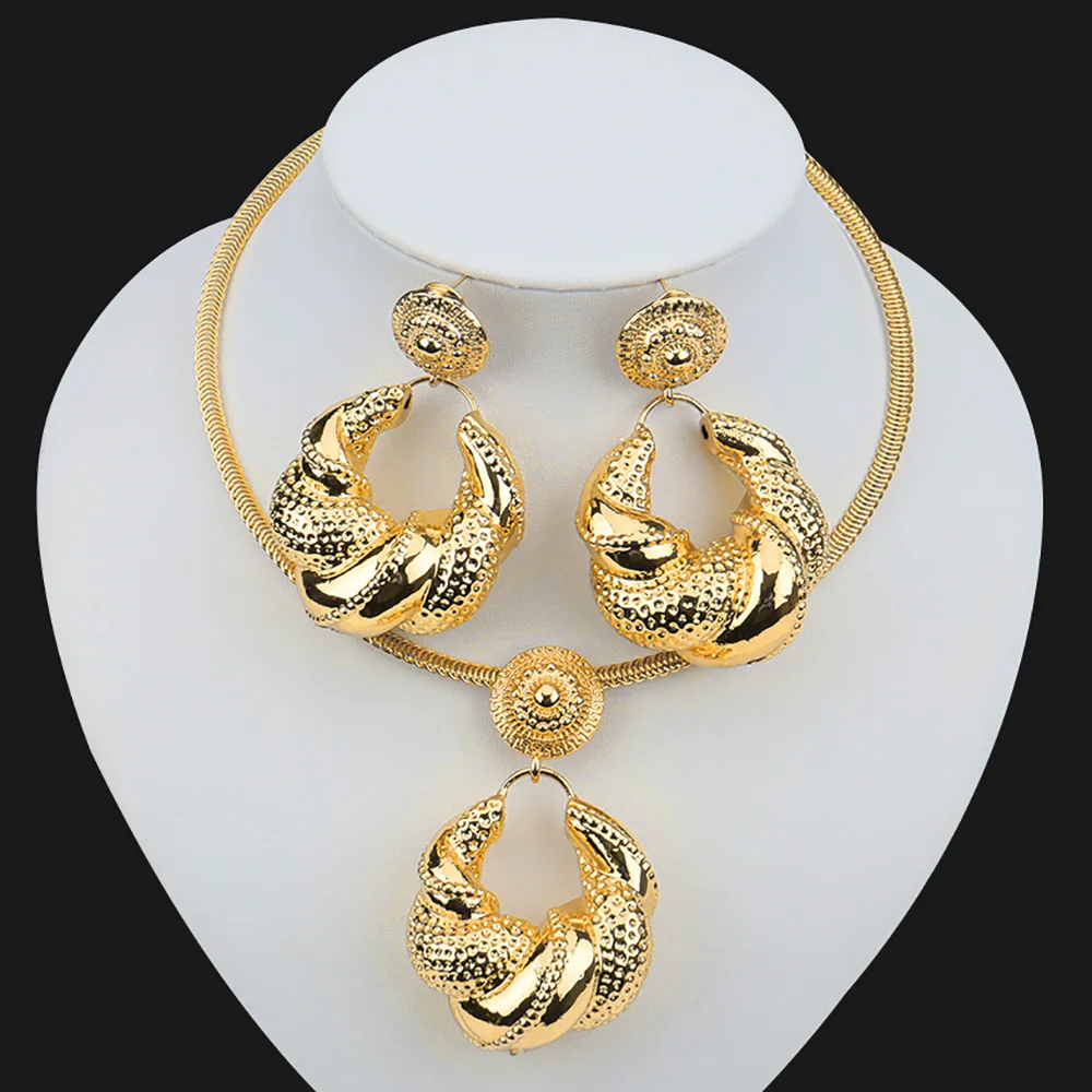 

Dubai Gold Plated Jewelry Set for African Women Twist Round Earrings and Pendant Weddings Design Jewellery Party Engagement Gift