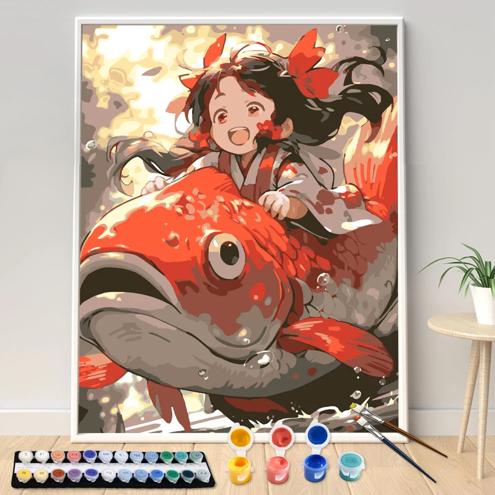 

Oil Painting by Numbers Kit DIY Artwork, Canvas Painting Red Carp Boy Landscape, Art Gift for Kids Home Decoration