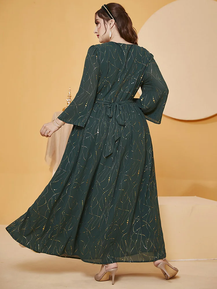 Women Plus Size Maxi Dresses 2023 New Spring Formal Luxury Sequin Chic Elegant Long Sleeve Muslim Turkish Evening Party Clothing