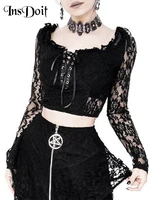 insdoit gothic lace black t shirt women long sleeve see through corset bandage sexy crop top streetwear fashion slim cropped top