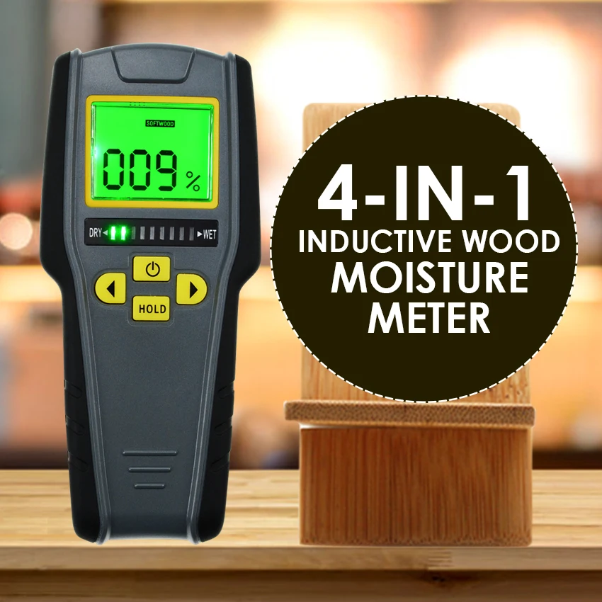 Digital Pinless Non-invasive Inductive Moisture Meter Hard Soft Wood Drywall Masonry Scanner Tricolor Bar Graph Indicator, KC-31