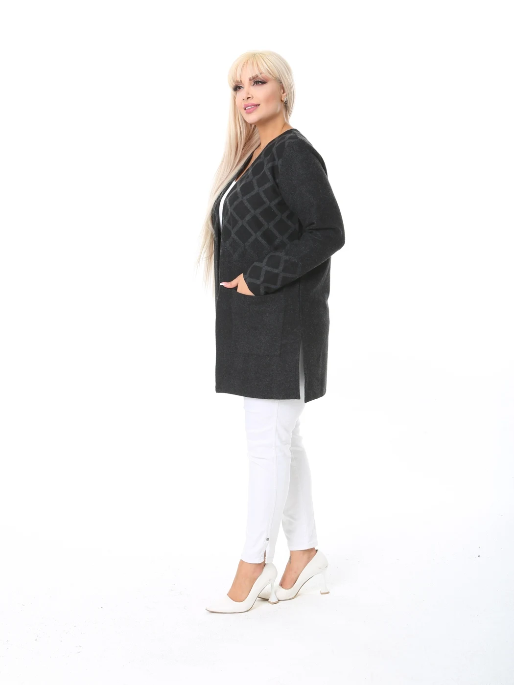 Plus Size Woman Cardigan Short 2022 Outwear Autumn Spring Square Pattern Cotton V-Neck Open Stitch XL 2XL 3XL 4XL Made in Turkey