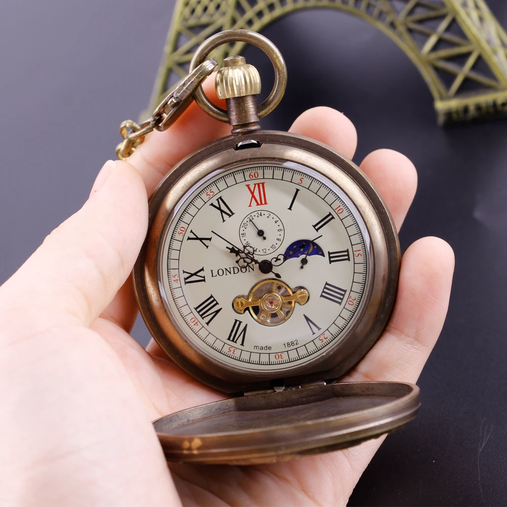 Vintage 2 Sides Open Case Pocket Watches Mechanical Movement Mens Chain Watch High Quality Luxury Pendant with Chain Gifts