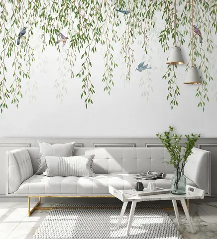 Зеленые подвесные листья с красочными птицами обои роспись, тропические свежие листья съемные обои