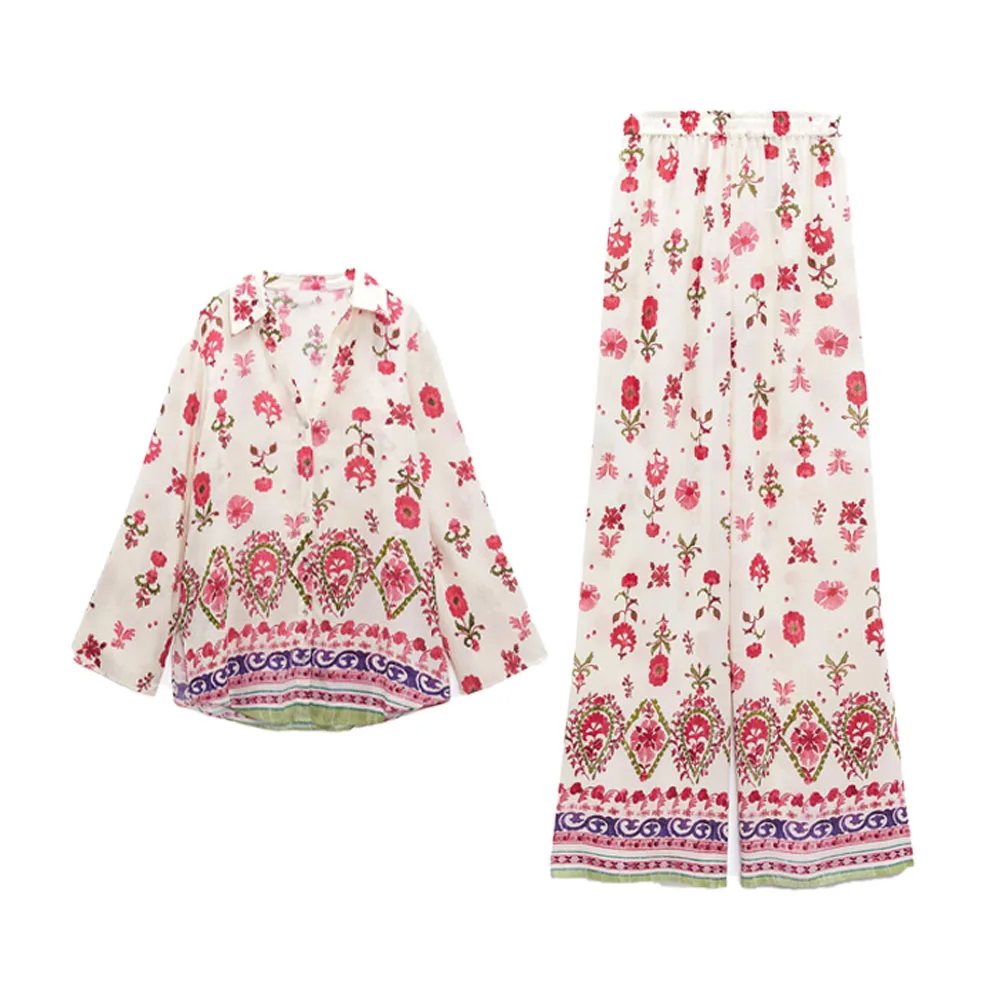 

Zach AiIsa New Women's Age-reducing Sweet Flower Print Long Sleeve Lapel Shirt + Elastic Waist High Waist Casual Wide Leg Pants