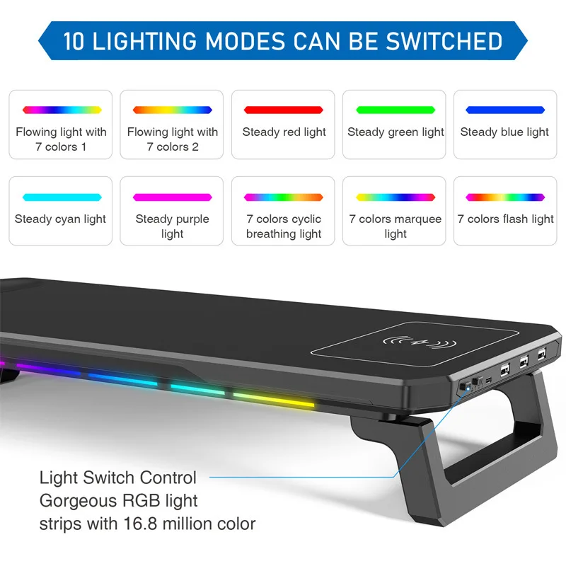 Фото Подставка для настольного монитора RGB с 3 портами USB 2.0, перезаряжаемая, с подсветкой, универсальная подставка для ноутбука, стеллаж для хранения №4