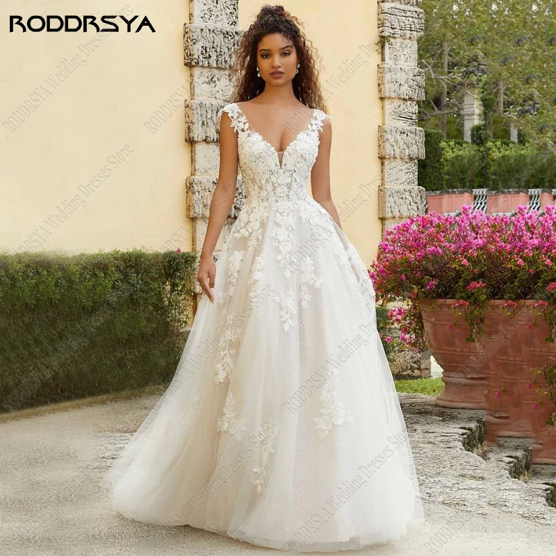 

RODDRSYA Sparkle Tulle Wedding Dresses V-neck Floral Lace Appliqués Bridal Gowns Keyhole Backless Sweep Train Vestido Novia 2023