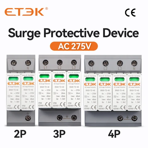 Домашнее устройство защиты от перенапряжения, домашний ограничитель SPD 2 P 3P 4P 2 полюса AC 220 В 230 в 275 в 35 мм Din-рейка 40kA EKU5