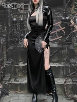 insdoit gothic strapless black summer dress women streetwear sleeveless off shoulder sexy split dress elegant party club dresses