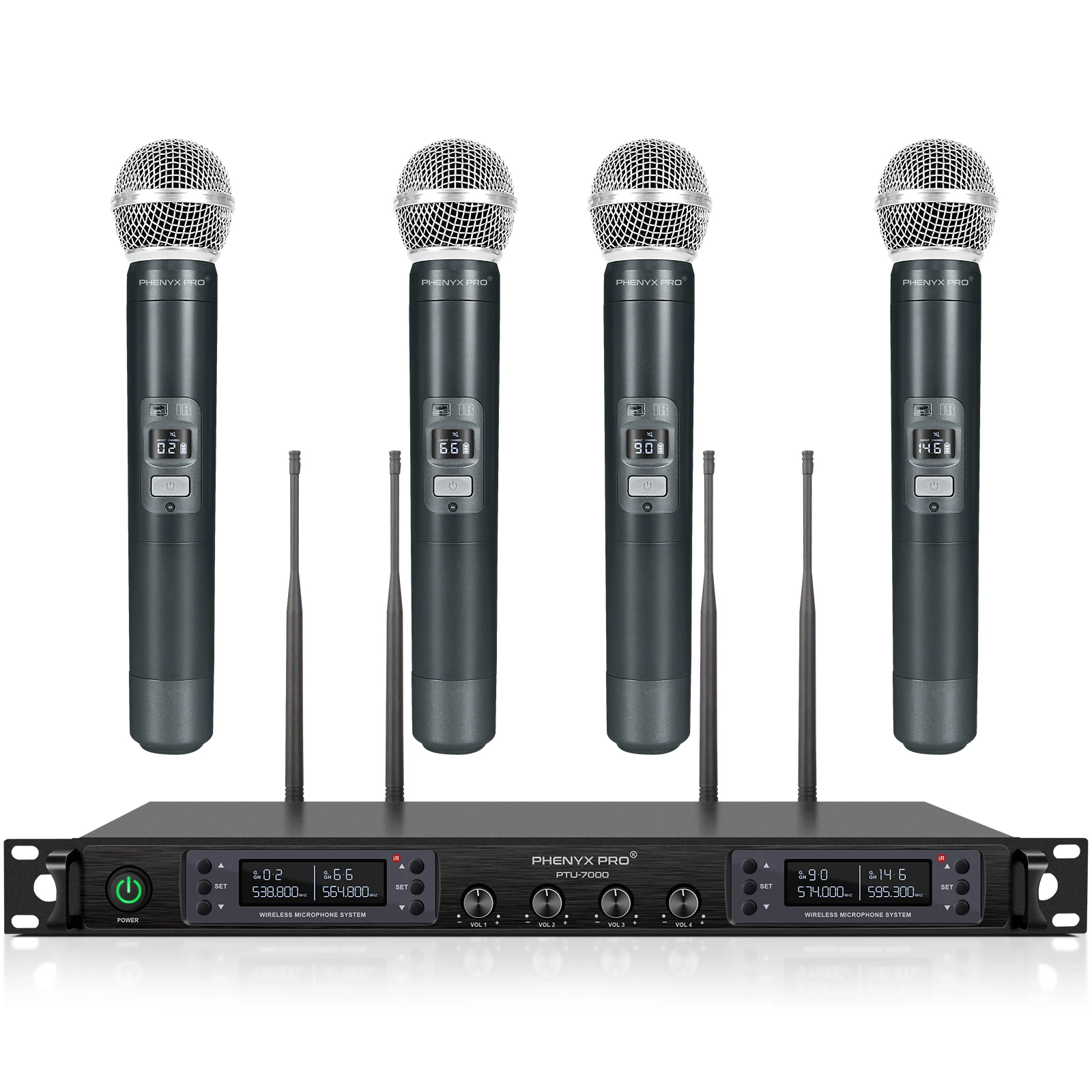 Phenyx Pro UHF Wireless Microphone System PTU-7000 with 4x40Channels Handheld Mics Auto Scan Selectable Frequency for Church
