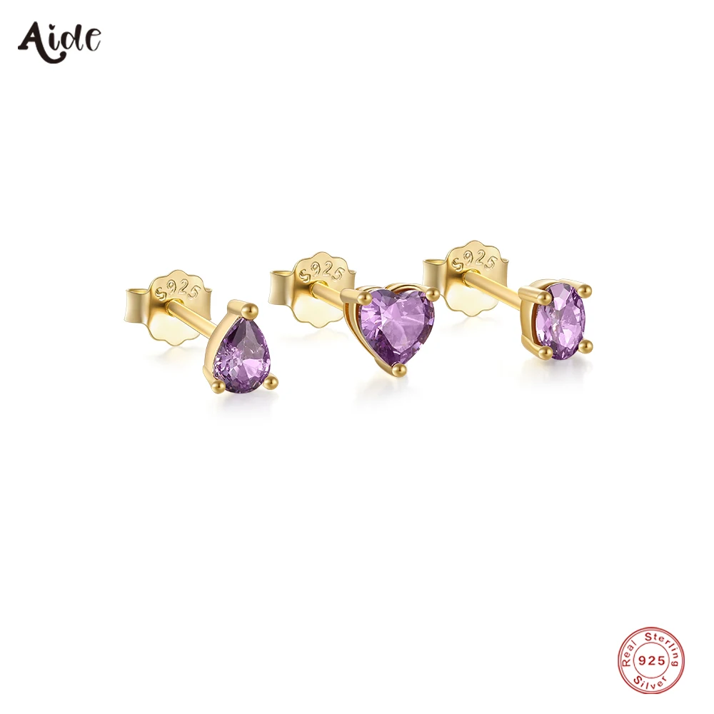 

Aide 925 Sterling Silver Delicate Purple CZ Zircon Stud Earrings Set For Women Oval Waterdrop Heart Shape Piercing Studs 3pieces