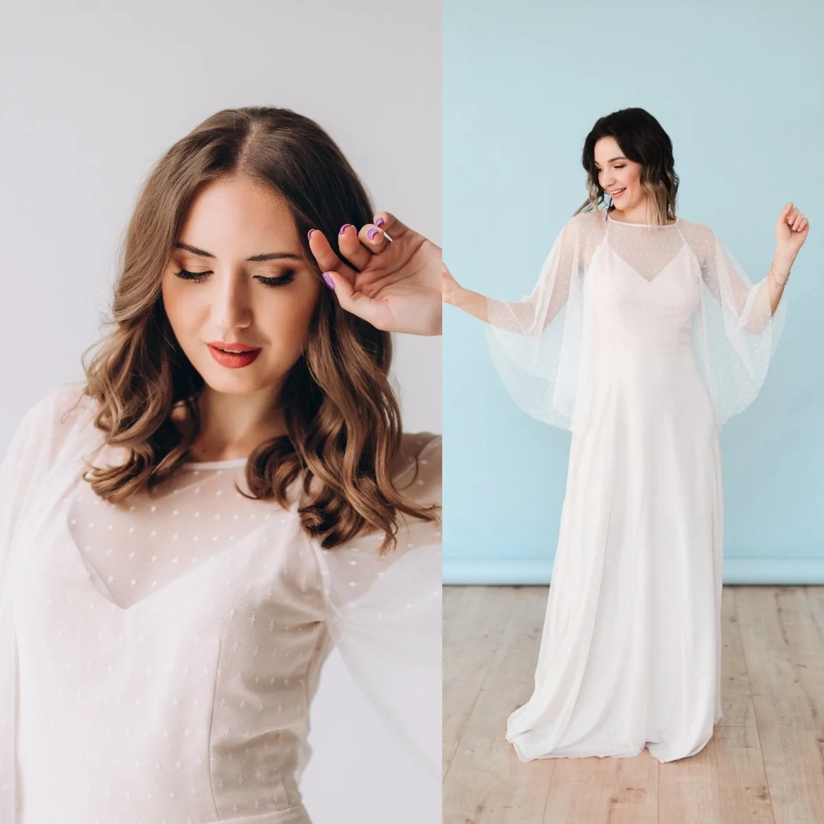 

Simple White A Line Chiffon Wedding Dresses Three Quarter Sleeves Bridal Gowns With Cape Backless Custom Made vestido de novia