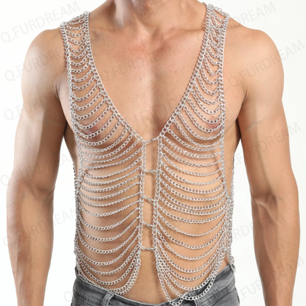 

Men Body Chest Chain Gay Sexy Jewelry Punk Metal Bikini Harness Festival Accessories Party Rave Goth Sexy Belly Body Chain Gift