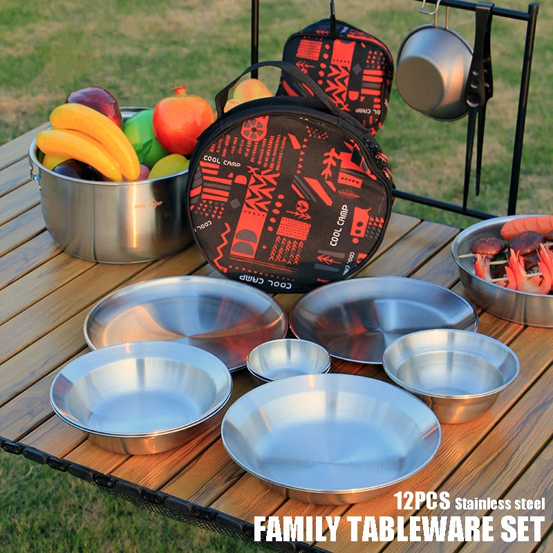 

12pcs/set Outdoor Camping Dishes Set Portable Stainless Steel Barbecue Cutlery Picnic Anti-drop Soup Basin with Storage Bag