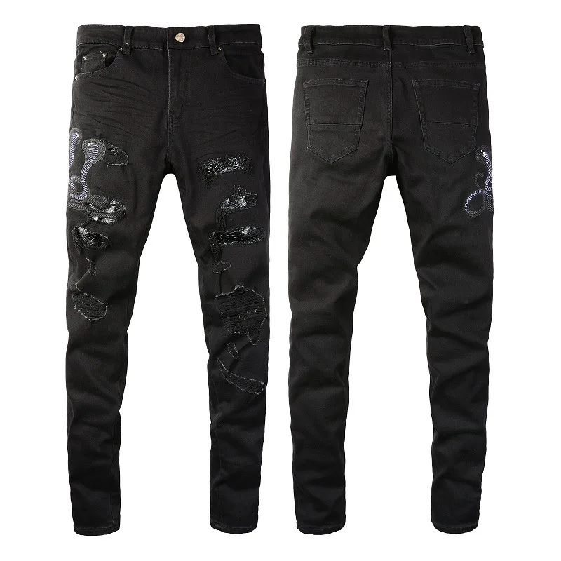 

2022 Men Embroidered Cobra Holes Patched Skinny Ripped Jeans Black Stretch Slim Fit High Street Scratch Denim Pants Hot Sale