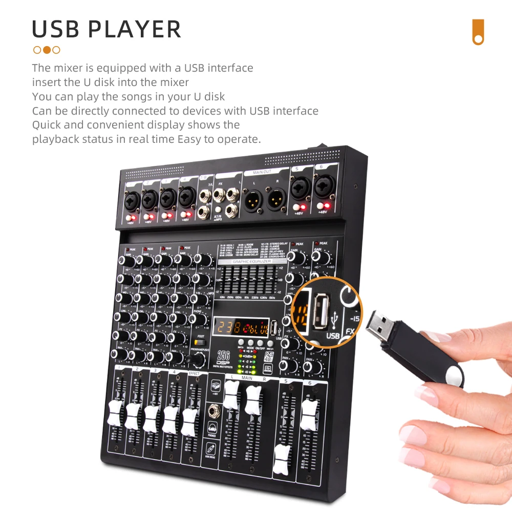 

Профессиональный портативный микшер, 6/8 каналов, bluetooth, USB, 48 В