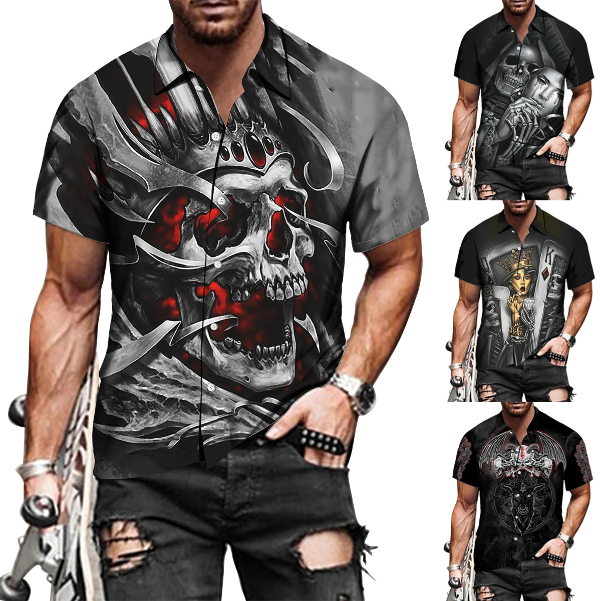 

Новинка, модная летняя рубашка большого размера в стиле рок-панк с 3D-принтом черепа, рубашки с отложным воротником, крутой костюм в стиле Харадзюку для Хэллоуина