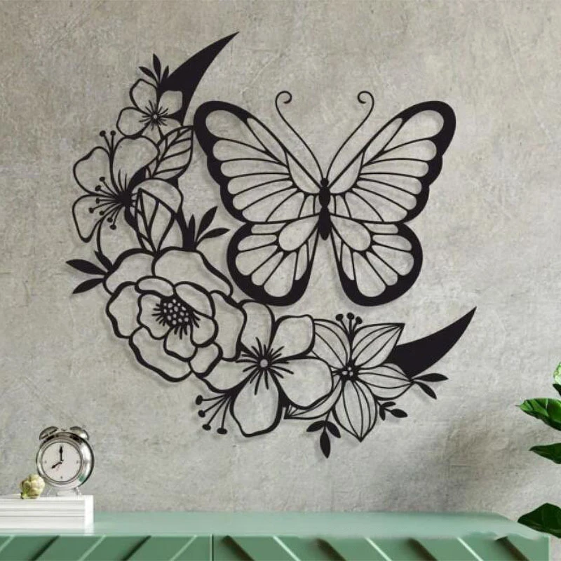 

BEEKBING Butterfly Flower Silhouette Decorative Painting Metal Wall Art Decorative Painting Home Art Wrought Iron Decor