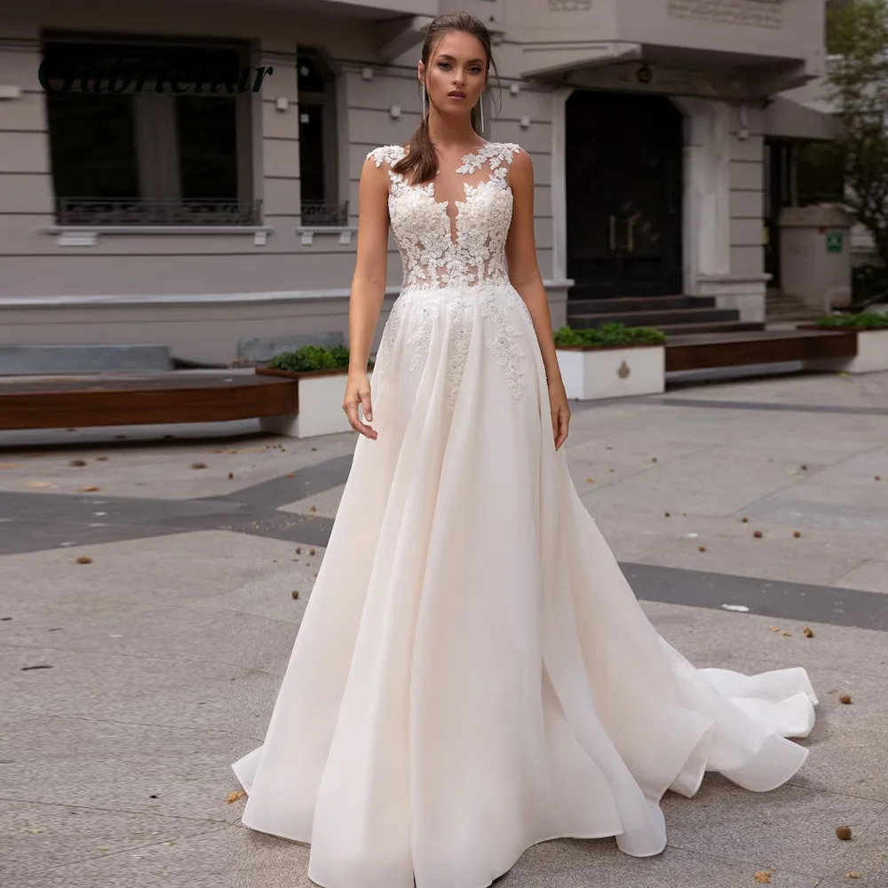 

Gabriellar Classic Wedding Dress Chiffon Scoop Sequins Appliques Sleeveless Button A-line Court Train Illusion Robe De Mariée