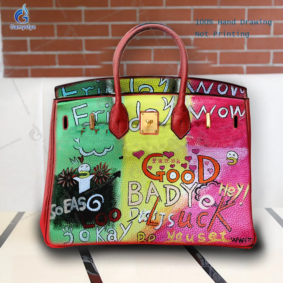 

Luxury Genuine Leather Women Shoulder Bag Large Female Tote Bag Casual Nature Cowhide Lady Handbag Graffiti Painted Good luck